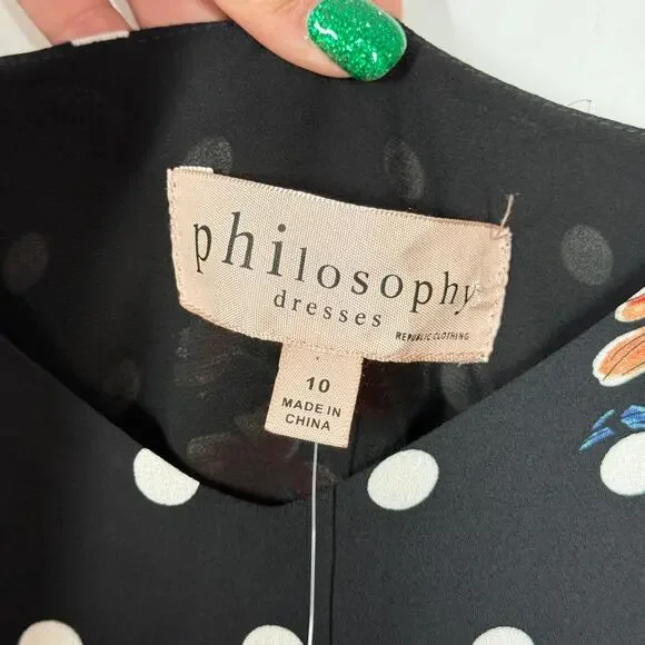 Philosophy Faux Wrap Maxi Dress NWT Womens 10 Black Red White Polka Dot Floral - Picture 8 of 10